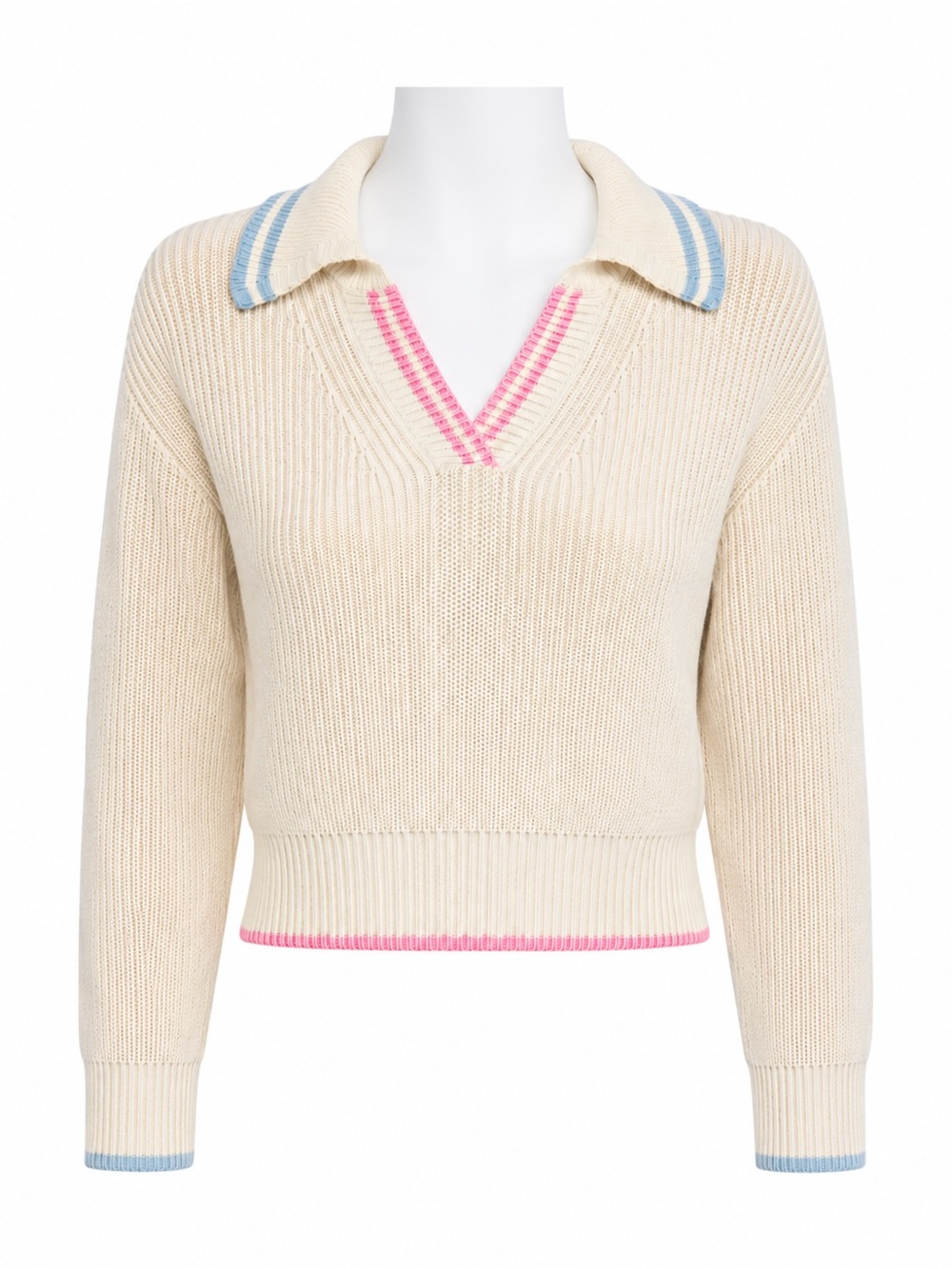 Size S John + Jenn Women’s Cream Collared V-Neck Sweater Pink Blue Trim